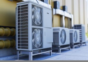 close up heat pump outside home